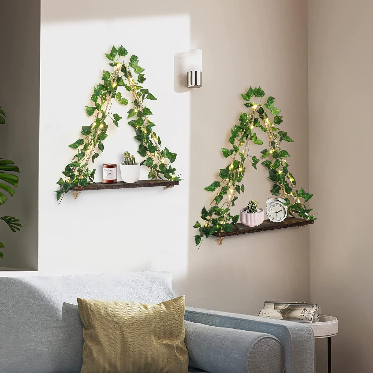 Set of 2 Macrame Hanging Shelves with Ivy & LED Lights – Rustic Boho Wall Décor