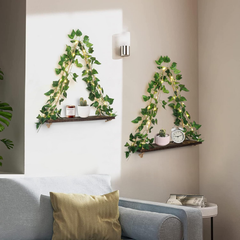 Set of 2 Macrame Hanging Shelves with Ivy & LED Lights – Rustic Boho Wall Décor