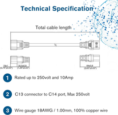 2M Computer Power Extension Cable IEC C13 to C14 – 18 AWG Kettle Lead, Black