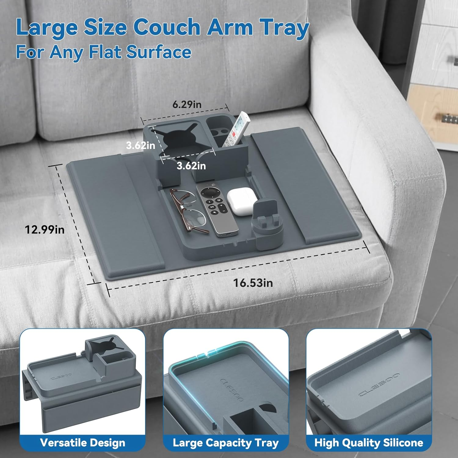 Couch Cup Holder Tray – Non-Slip Sofa Armrest Organizer with Cup & Phone Holder