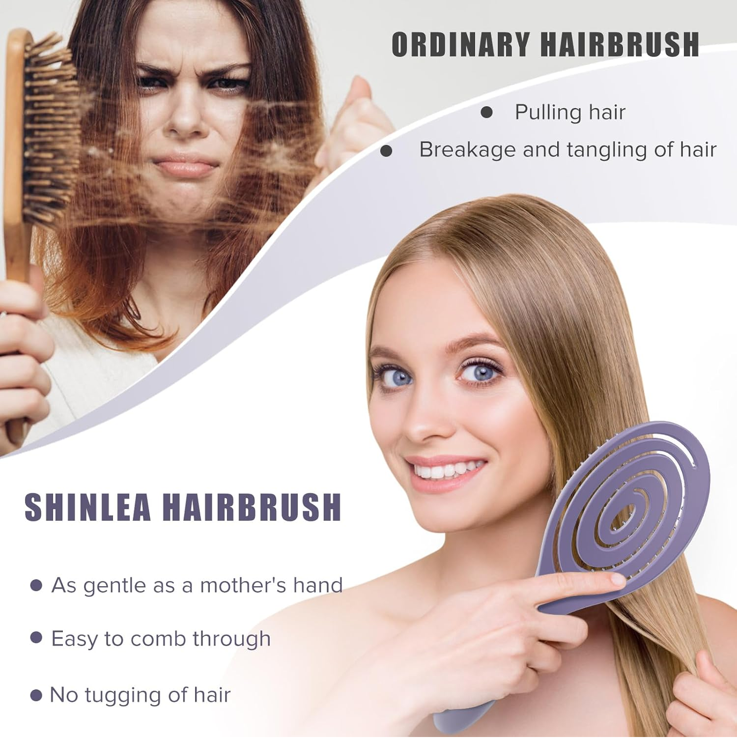 Anti-Tangle Detangling Hair Brush for Wet & Dry Hair, Spiral Massaging Brush, Purple