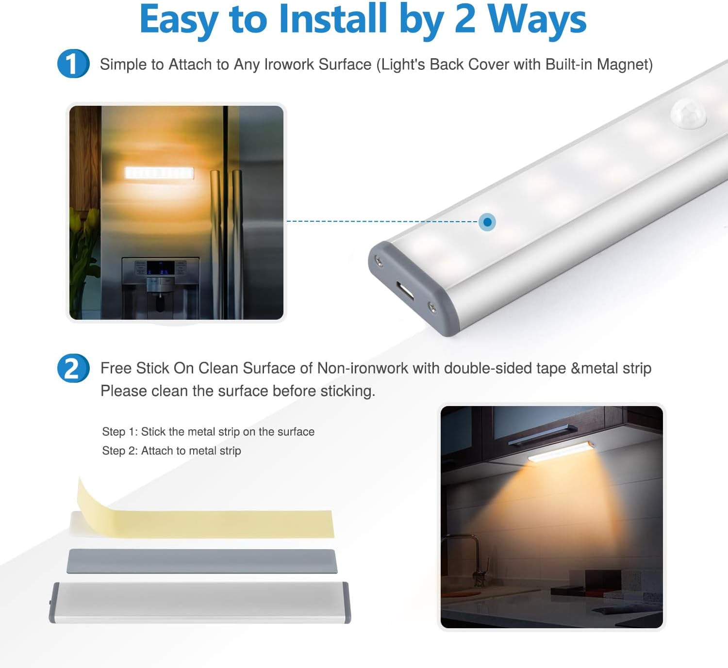 Rechargeable Motion Sensor Cabinet Light with Magnetic Mount (2 Pack)