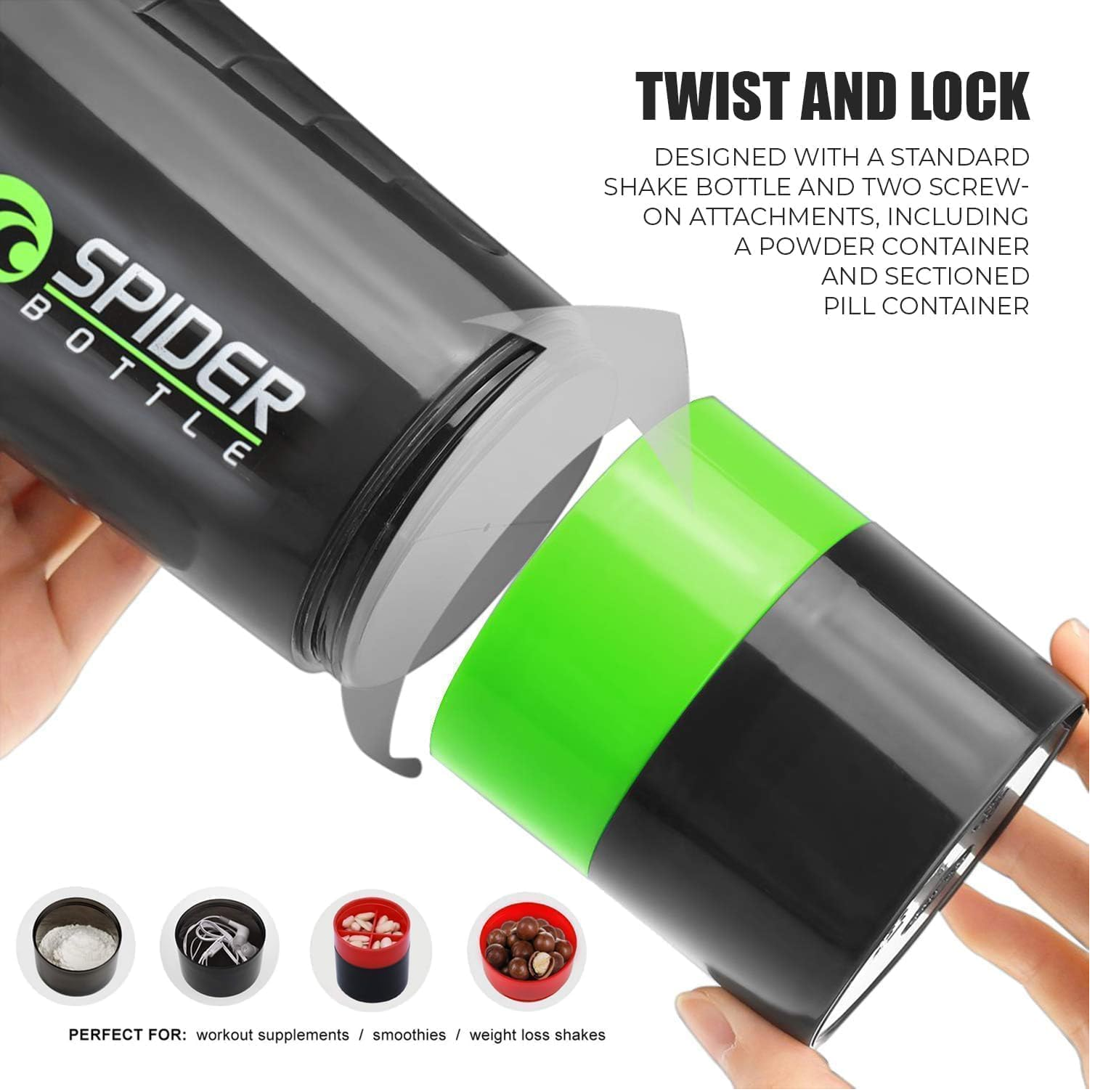 Protein Shaker Bottle 500ml – Green BPA-Free Gym Bottle with Storage Compartment