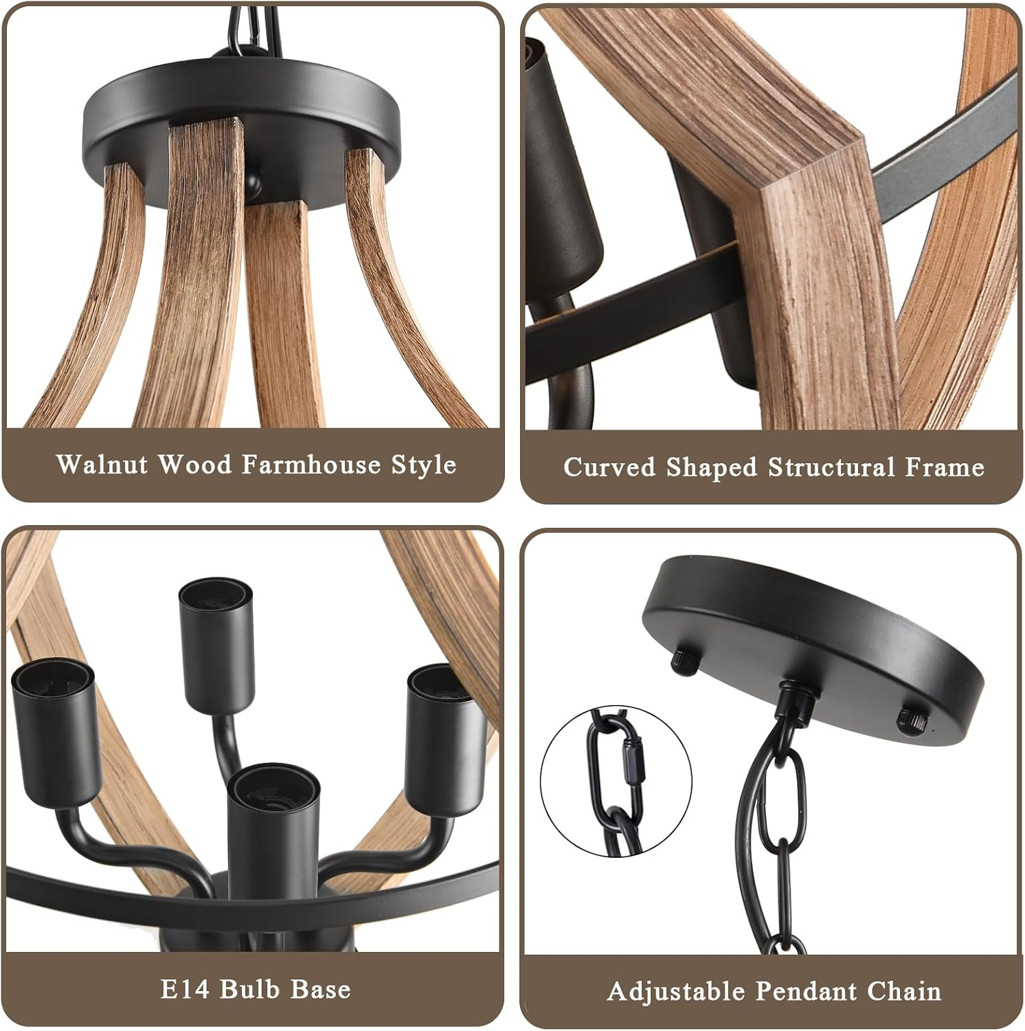 4-Light Farmhouse Chandelier – Retro Flush Mount Ceiling Light Fixture with Wood Grain Finish & Black Metal for Hallway, Dining Room & Bedroom