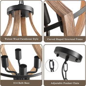4-Light Farmhouse Chandelier – Retro Flush Mount Ceiling Light Fixture with Wood Grain Finish & Black Metal for Hallway, Dining Room & Bedroom