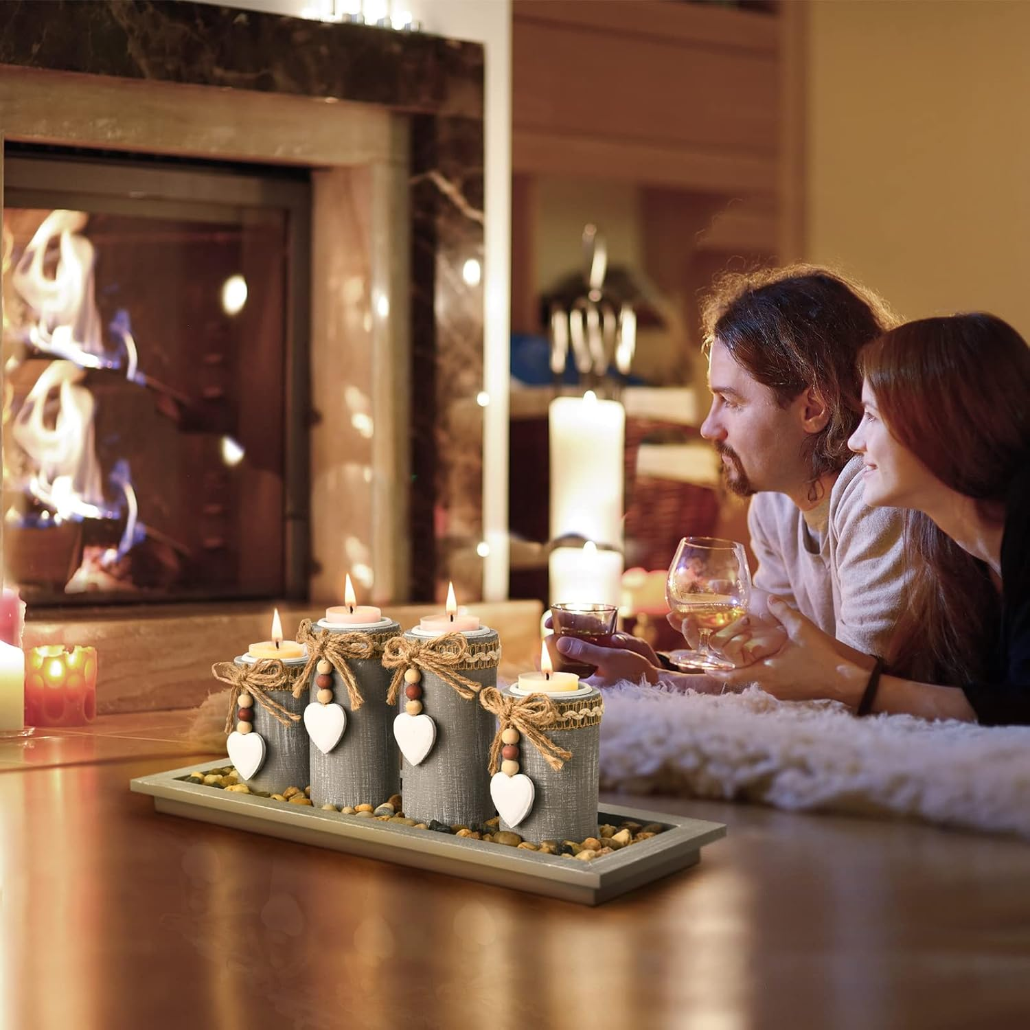 GoMaihe Set of 4 Candle Holders with Wooden Tray – Tealight Centerpiece Décor