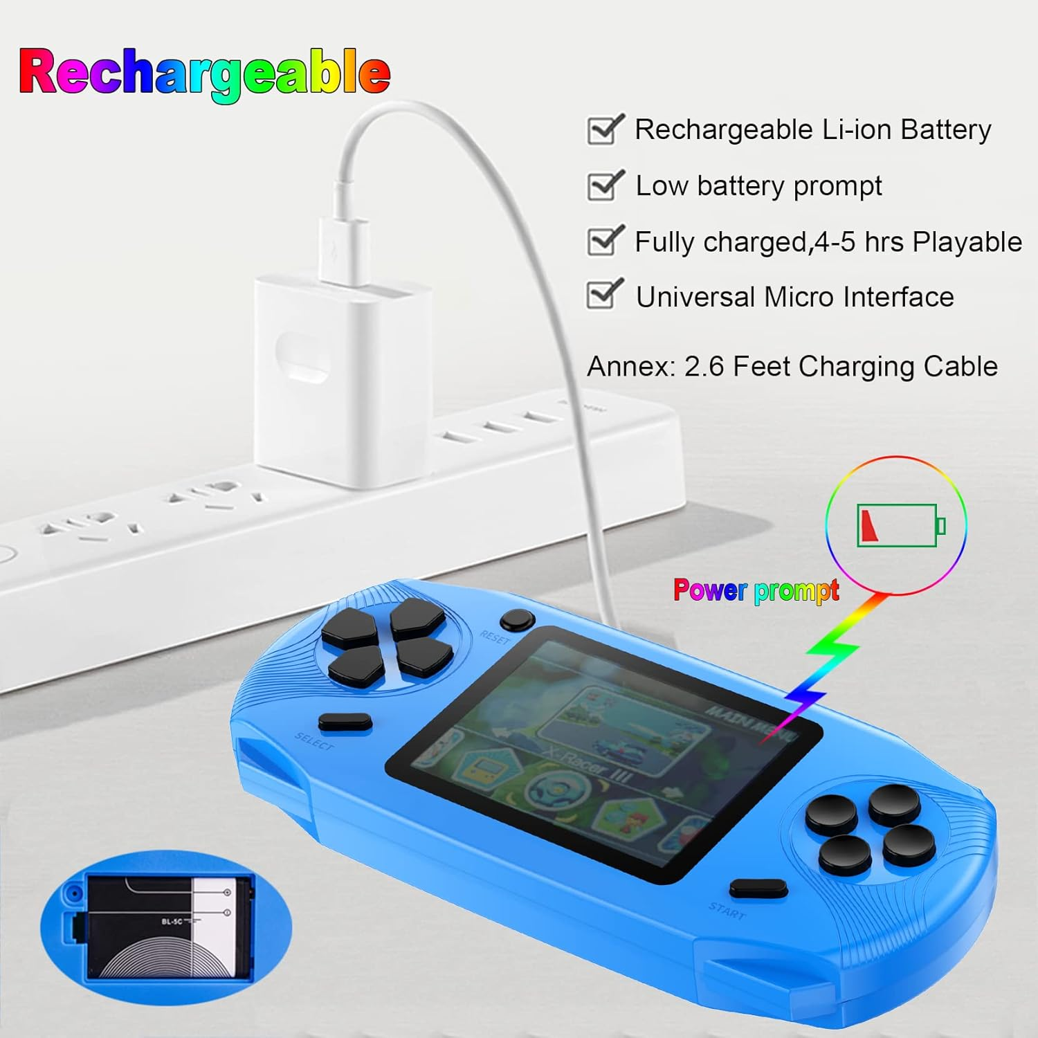 16-Bit Handheld Game Console with 100 Classic Games, 3.0" Screen (Blue)