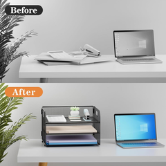 3-Tier Mesh Paper Tray Organiser with Handle – A4 File Holder, Black