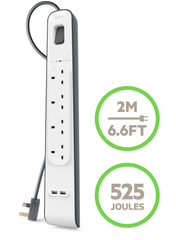 4 Way Extension Lead with 2 USB Ports 2.4A – 2M Surge Protected Power Strip, White