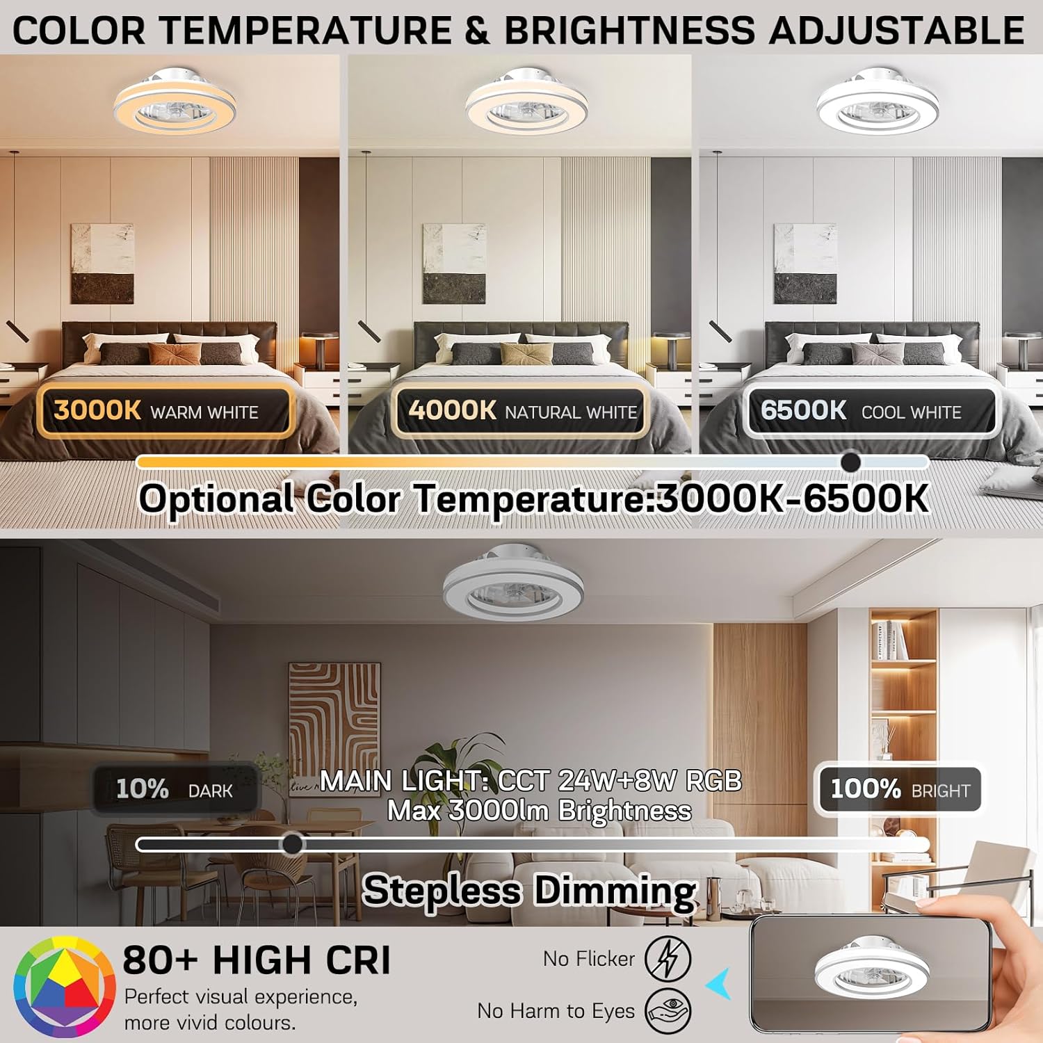 RGB LED Ceiling Fan with Remote & Quiet Reversible Motor
