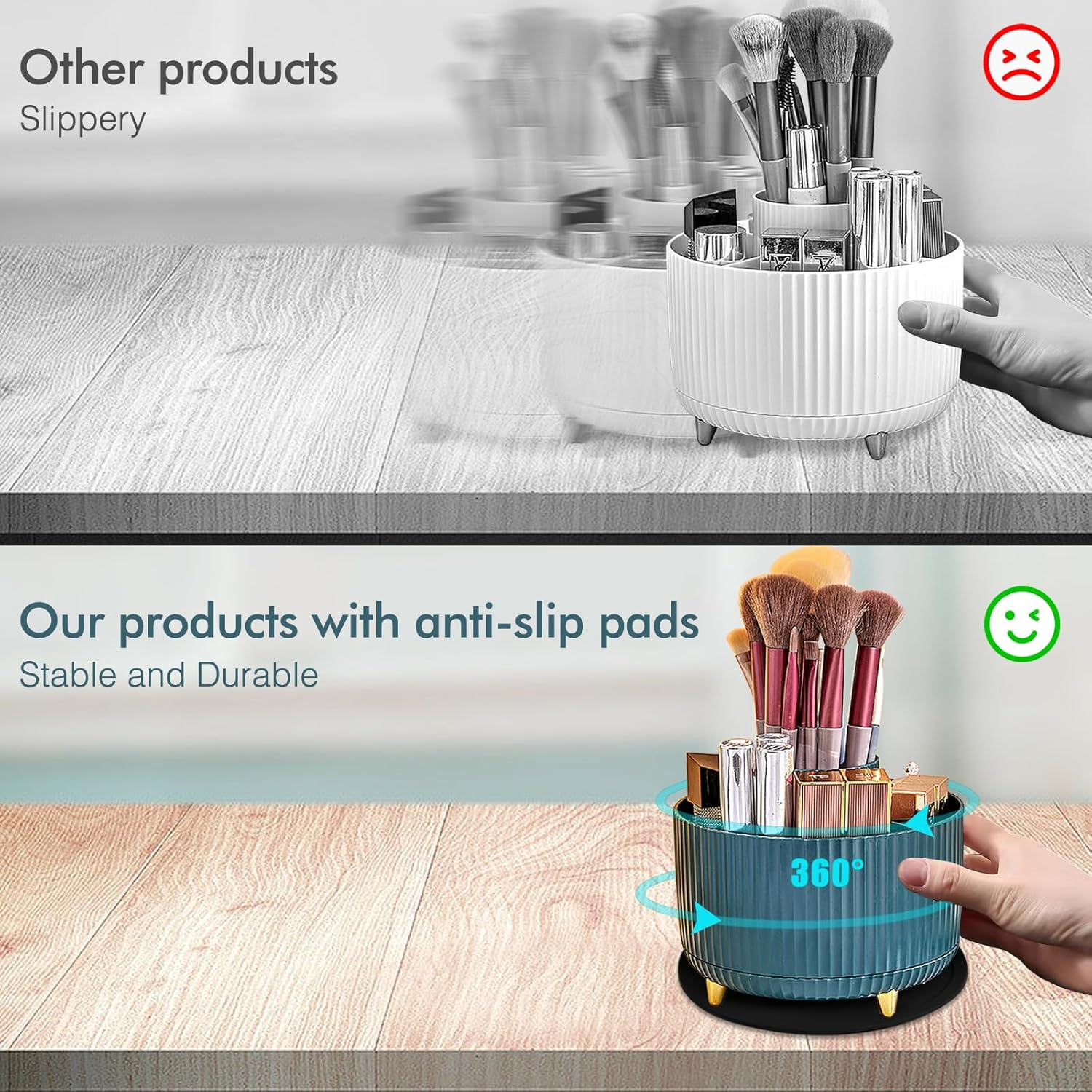 Green Rotating Makeup Organizer with 5 Compartments & Anti-Slip Base for Vanity