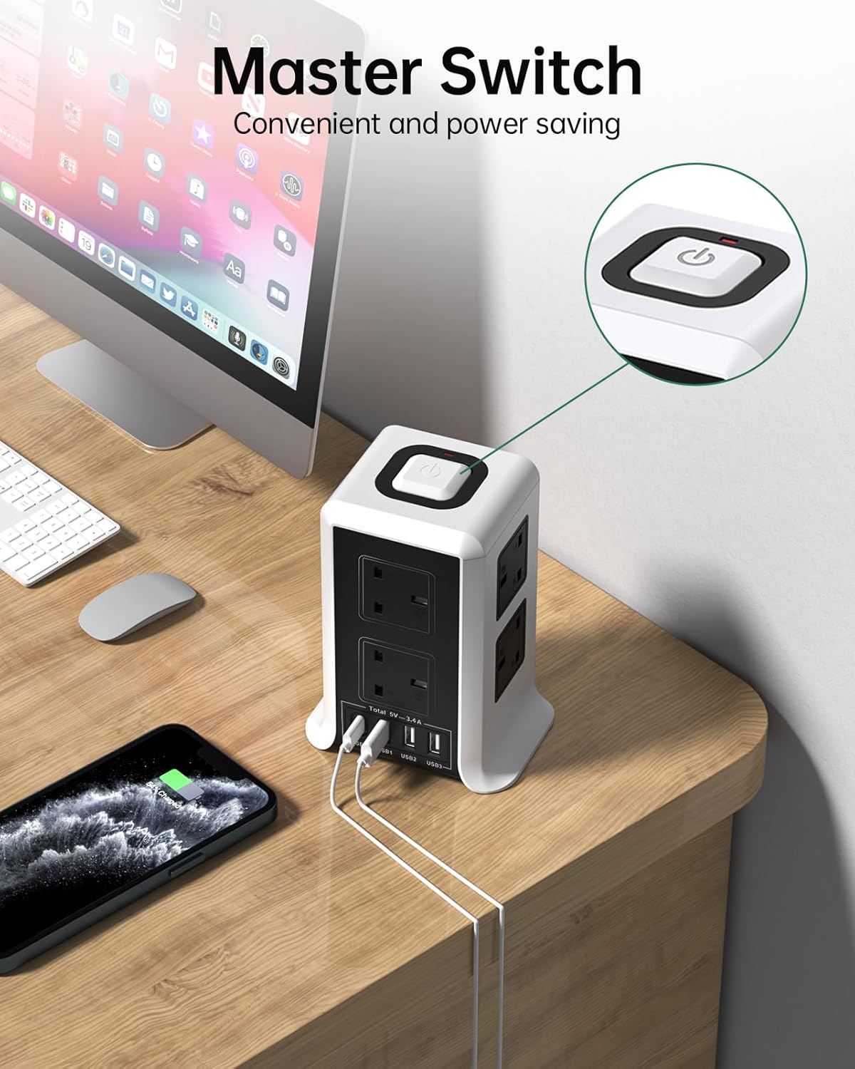 8 Way Tower Extension Lead with 4 USB Ports – 2M Cable, Surge Protected Power Tower