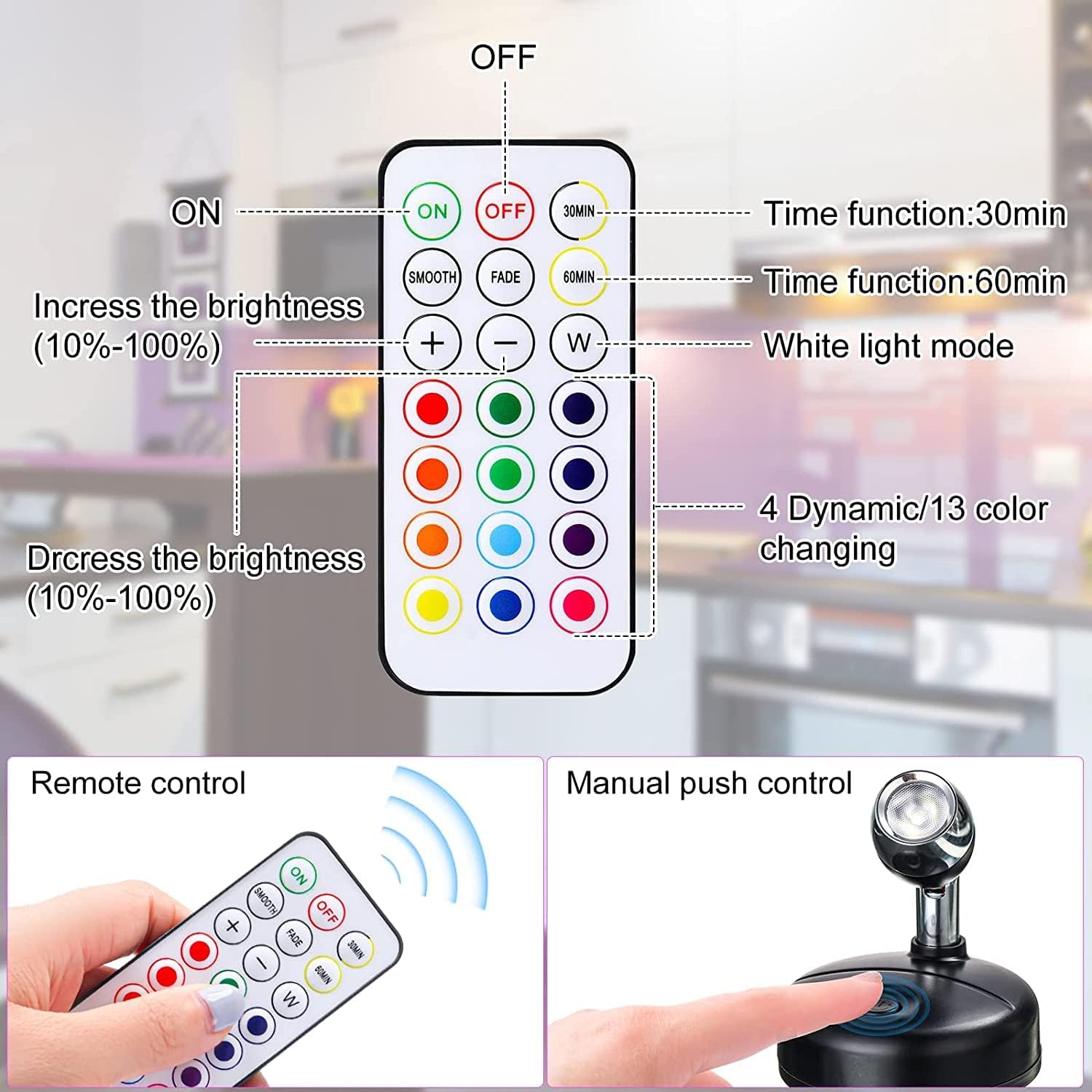 Wireless RGB LED Spotlights with Remote Control, Timer Wall Lights for Hallway, Cupboards  – 2 Pack