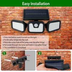 Upgraded Solar Lights Outdoor 3 Heads - 74 Solar Powered Wall Lights, 360° Rotatable, IP65 Waterproof