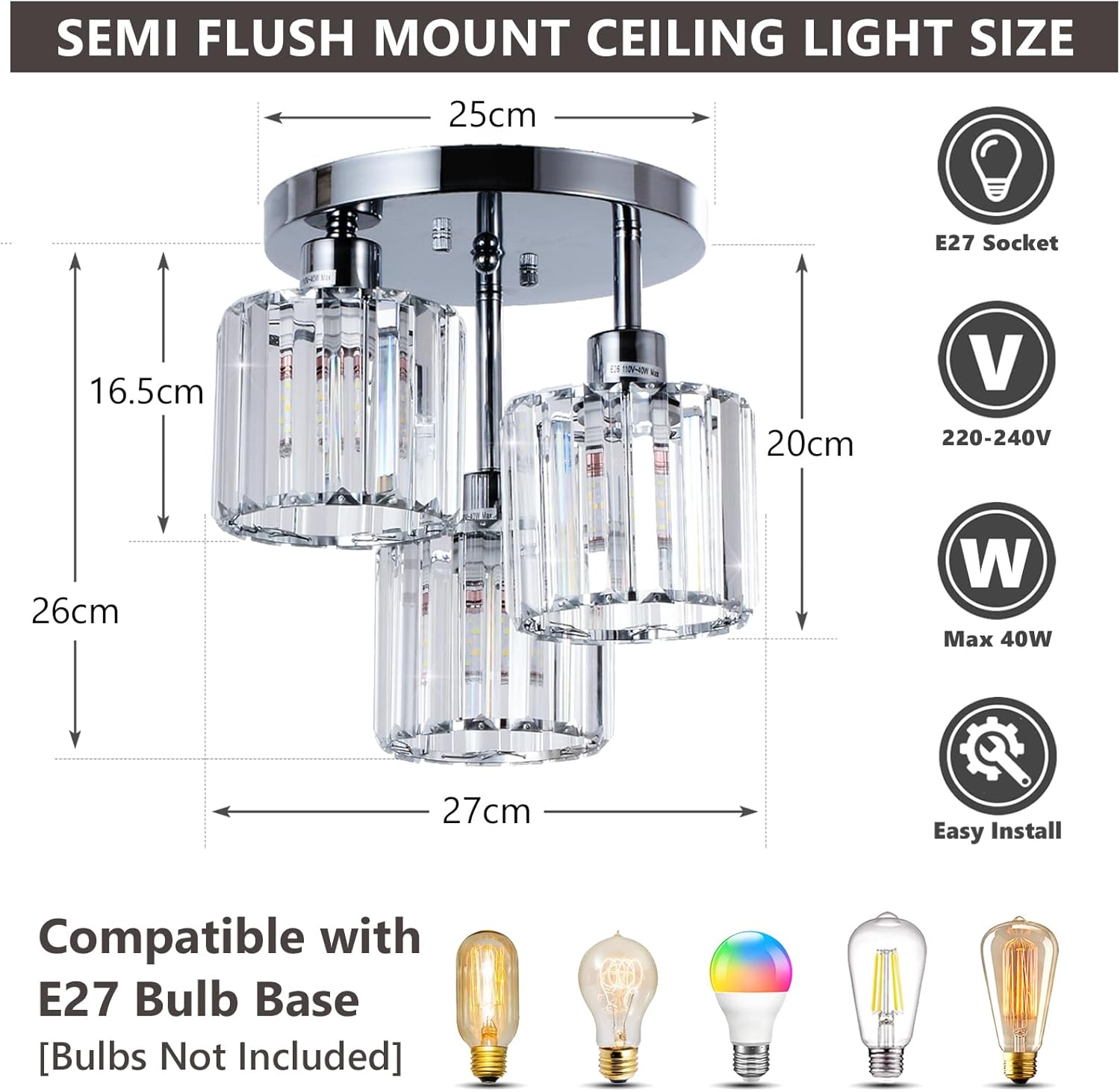 Modern 3-Light Crystal Ceiling Light – Chrome Semi Flush Mount Fixture