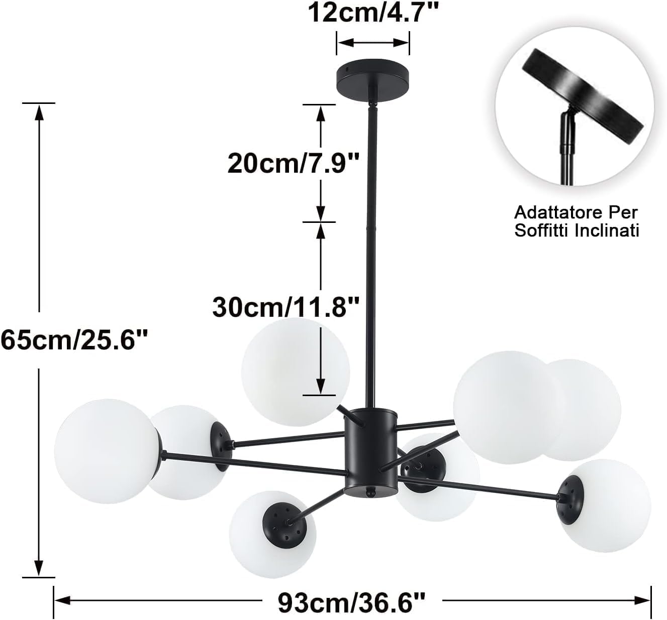Mid Century Modern Sputnik Chandelier – 8-Light Black Ceiling Pendant with White Glass Globes, Adjustable Height