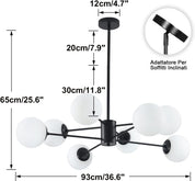 Mid Century Modern Sputnik Chandelier – 8-Light Black Ceiling Pendant with White Glass Globes, Adjustable Height