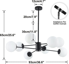 Mid Century Modern Sputnik Chandelier – 8-Light Black Ceiling Pendant with White Glass Globes, Adjustable Height