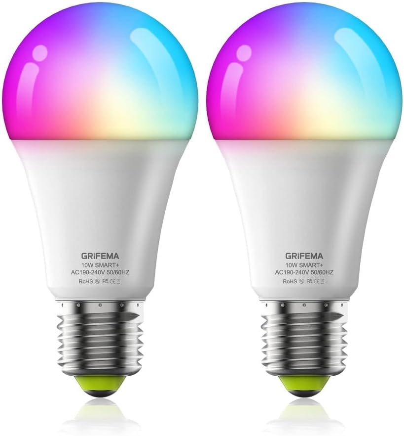 GRIFEMA E27 Smart Bulb, 10W, RGB + CCT, Dimmable, 2700K-6500K, Works with Alexa, 2 Pack