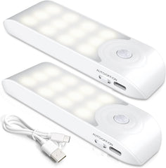 Motion sensor lights, USB rechargeable, with 3 modes. Includes 2 packs, stick-on with magnetic strips for various indoor areas.