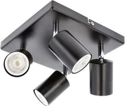 Black ceiling light fixture with three adjustable lampshades on a white background