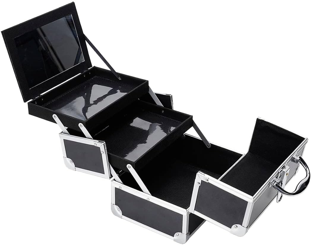 Makeup Vanity Travel Organizer Box with Mirror, Black Portable Beauty Cosmetic Case