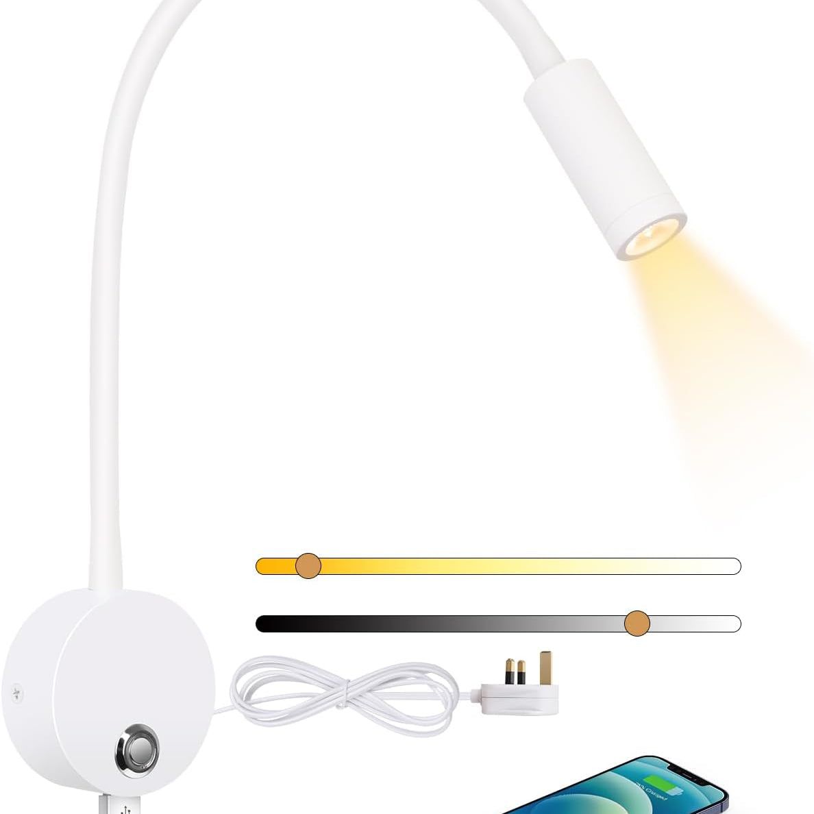White LED desk lamp with flexible arm, smartphone, and charging cable on a white background