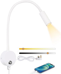 White LED desk lamp with flexible arm, smartphone, and charging cable on a white background