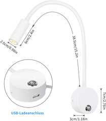 White LED reading lamp with USB charging port and measurements on a white background