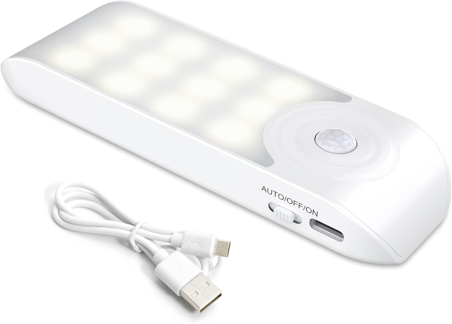 Motion sensor lights, USB rechargeable, with 3 modes. Includes 2 packs, stick-on with magnetic strips for various indoor areas.