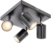 Ceiling light fixture with three adjustable lights on a white background