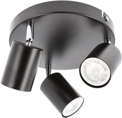 Black ceiling light fixture with three adjustable lampshades on a white background