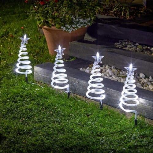 Christmas Tree Spiral Stake Lights, Battery Operated with 40 LEDs, Set of 4, Cool White Outdoor Pathway Lighting for Festive Garden Decorations