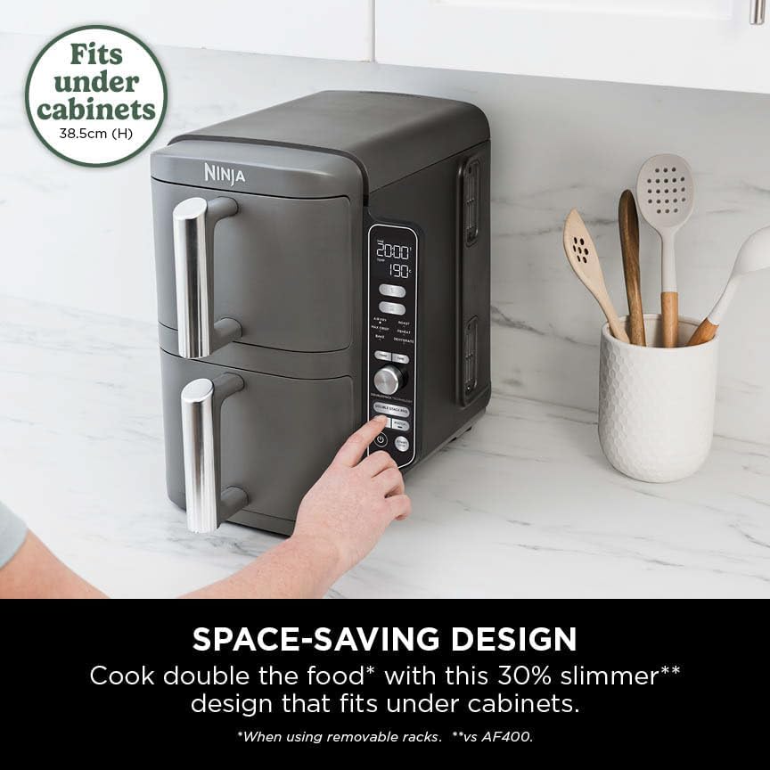 Double Stack XL Air Fryer with Dual Drawers, 9.5L Capacity, 6 Cooking Functions, 4 Levels, Space-Saving Design – Grey