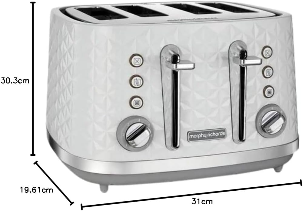 Vector 4 Slice Toaster – High Gloss Geometric Design, Variable Browning, Defrost & Reheat Functions, Removable Crumb Tray, White