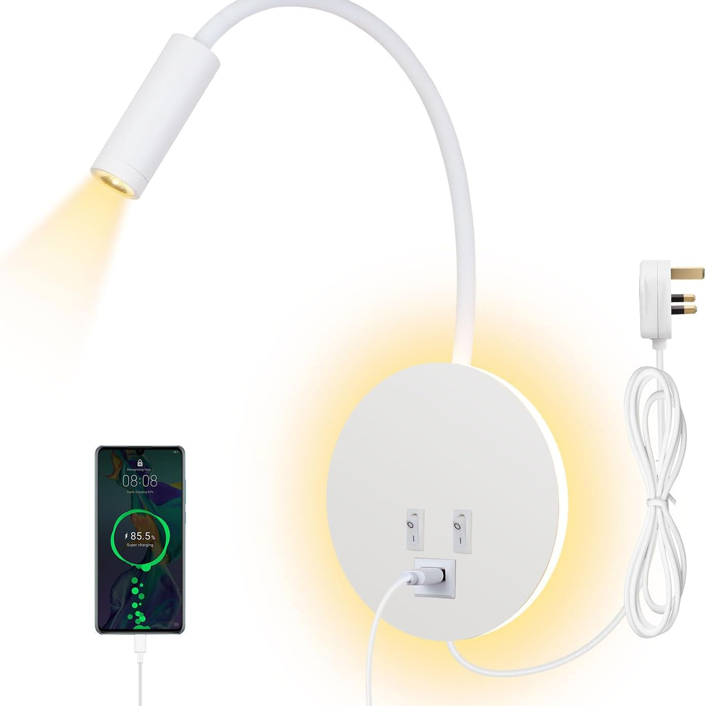 Wall-mounted light fixture with flexible arm and smartphone displaying app interface on a white background