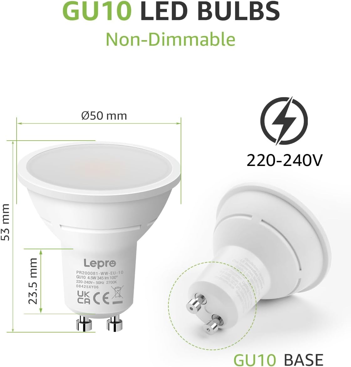 GU10 LED Bulbs 4.5W Warm White 2700K 345lm Pack of 10