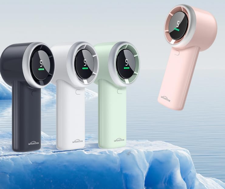 WHATOOK Handheld Turbo Fan, High Speed Cooling, USB Rechargeable Mini Portable Hand Fans with 5 Speeds/Digital Display/Fast charging, Personal Small Stylish Fan for Women Outdoor Beach Vacation