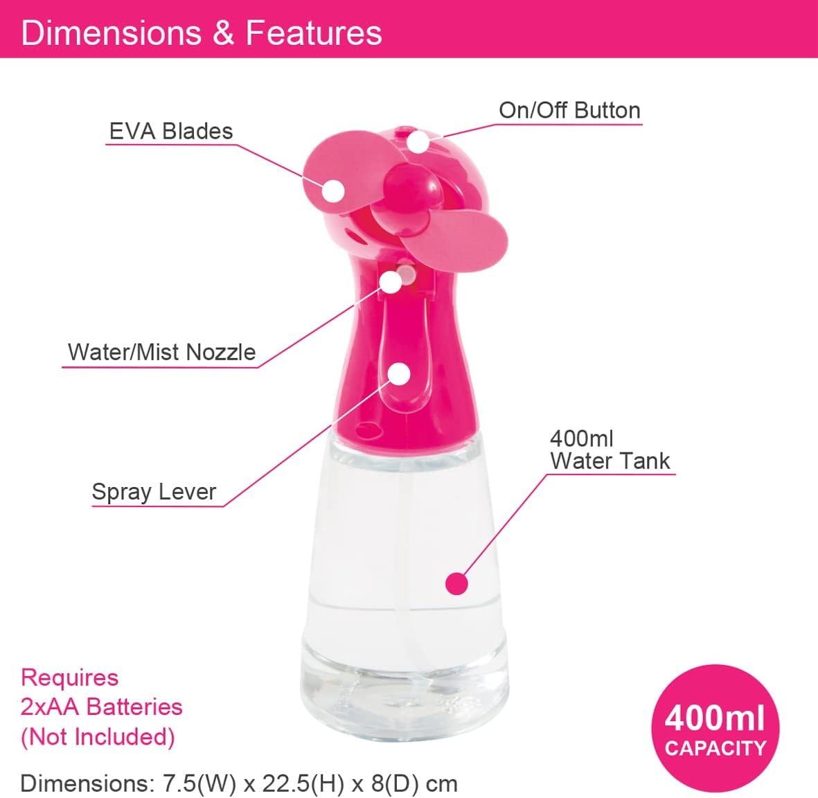 Benross 40249 Water Mist Spray Fan/Handheld Cooling Device/Portable For Holidays, Beach Trips, Sports Events, Office Use & Travel Use/Pink Colour
