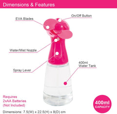 Benross 40249 Water Mist Spray Fan/Handheld Cooling Device/Portable For Holidays, Beach Trips, Sports Events, Office Use & Travel Use/Pink Colour