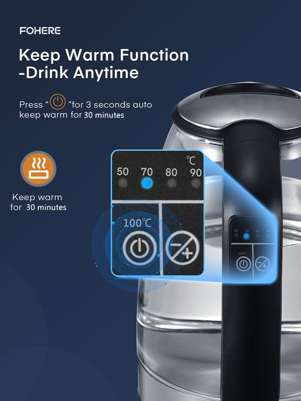 Electric Kettle 1.7L Glass, 2200W Fast Boil, 5-Color LED, Keep Warm, Auto Shut-Off, Temperature Control, Quiet Boiling –