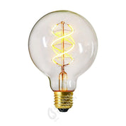 Vintage-style light bulb with spiral filament on a white background