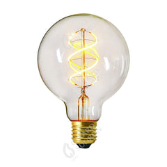 Vintage-style light bulb with spiral filament on a white background