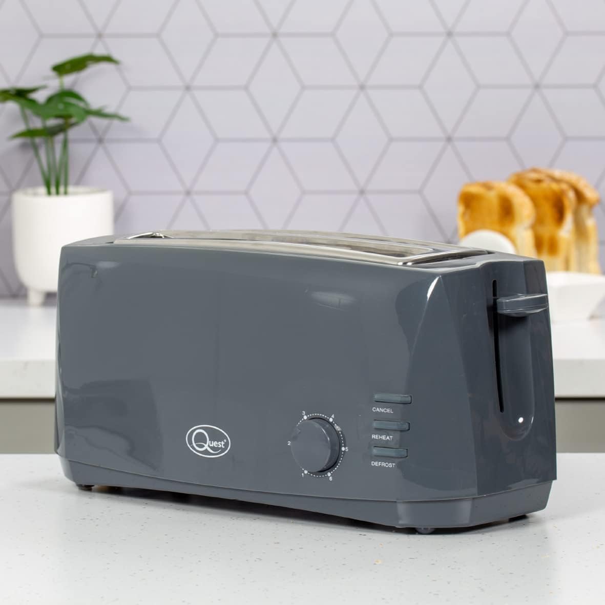 4 Slice Toaster Grey – Extra Wide Long Slots for Bagels and Crumpets – 6 Browning Settings – Reheat, Defrost & Cancel