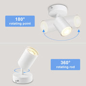 White ceiling light fixture with 180° and 360° rotation features on a gray background