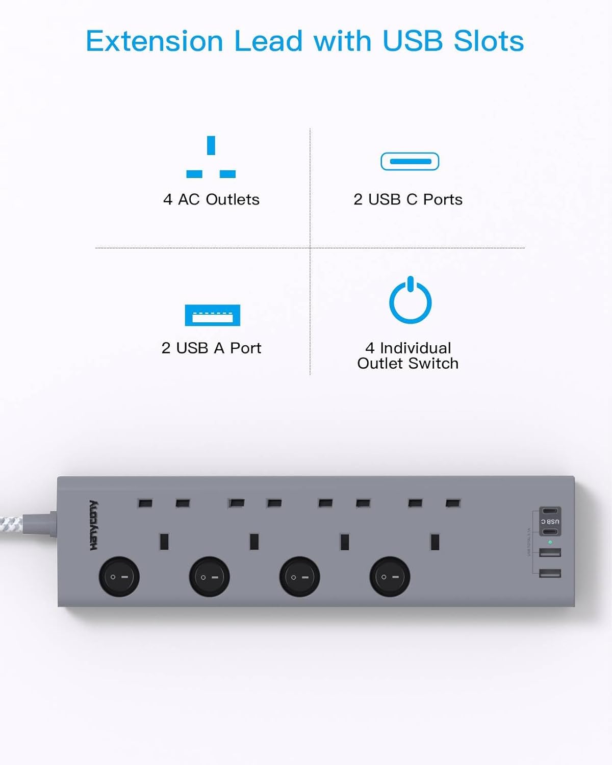 4-Way Extension Lead with 4 USB (2 Type-C), 1.8M Cable & Switches – Grey