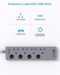 4-Way Extension Lead with 4 USB (2 Type-C), 1.8M Cable & Switches – Grey