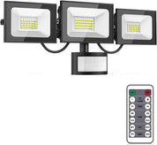 Triple LED flood light with motion sensor and remote control on a white background