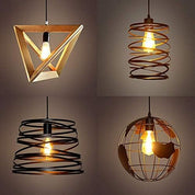 Four different pendant lights on a gray background