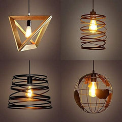 Four different pendant lights on a gray background
